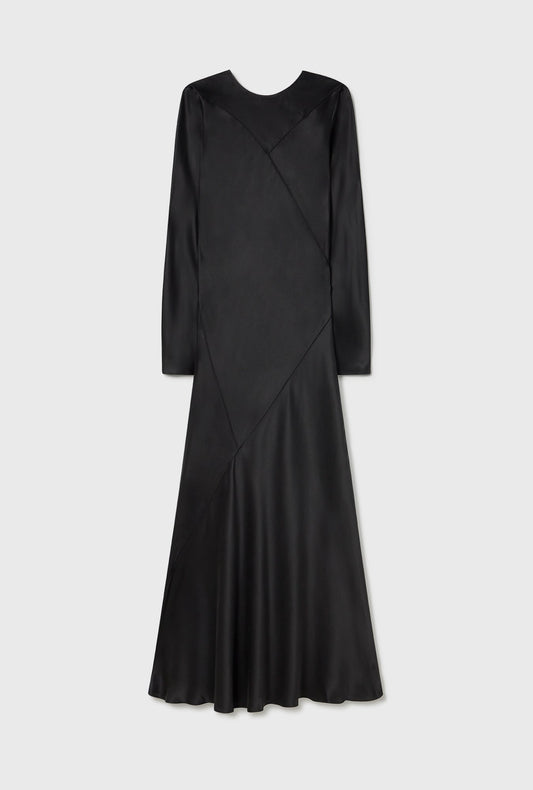 Silk Laundry Splice Full Sleeve Bias Dress (Black)