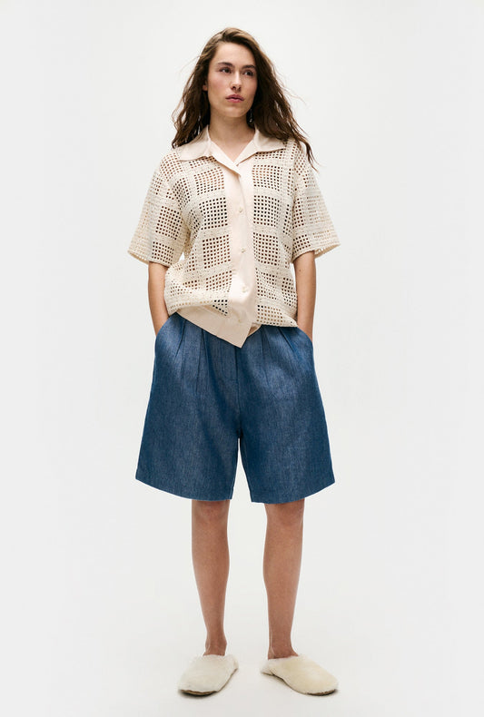 Image of a model wearing Tops. Productname: Silk Laundry COTTON GRID GRANDPA SHIRT in Natural colour by brand - Silk Laundry