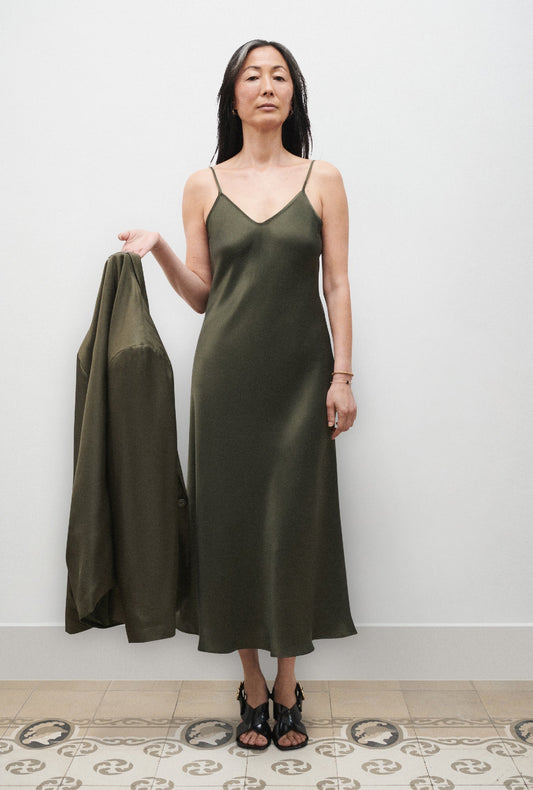 Image of Dresses. Product name - 90s Slip Dress Pine in Pine colour by brand - Silk Laundry