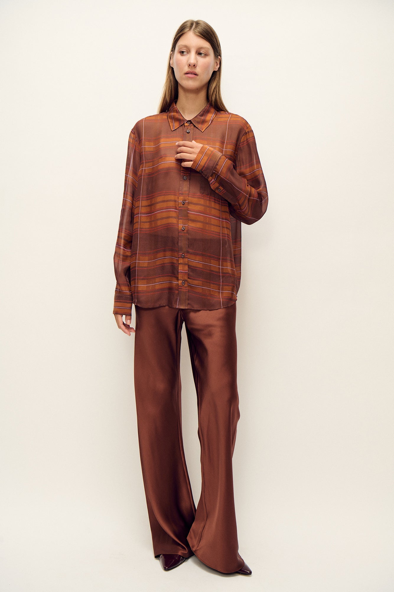 Image of Shirts. Product name - Chiffon Boyfriend Shirt Root Plaid in Root Plaid colour by brand - Silk Laundry