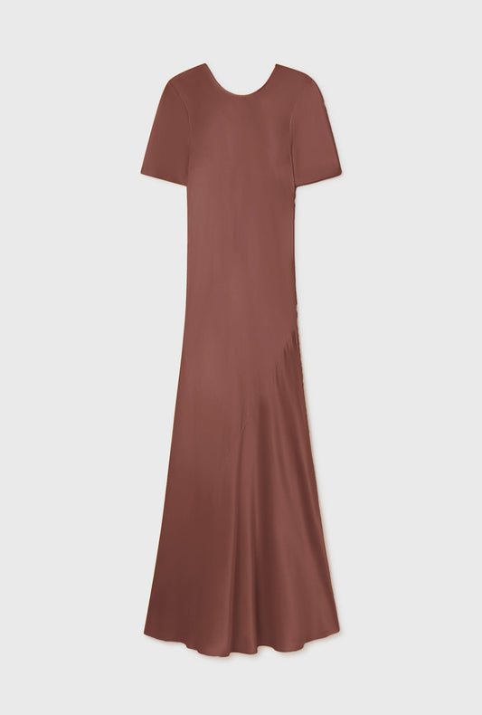 Image of a model wearing Tops. Product name - Short Sleeve Bias Dress Root in Root colour by brand - Silk Laundry