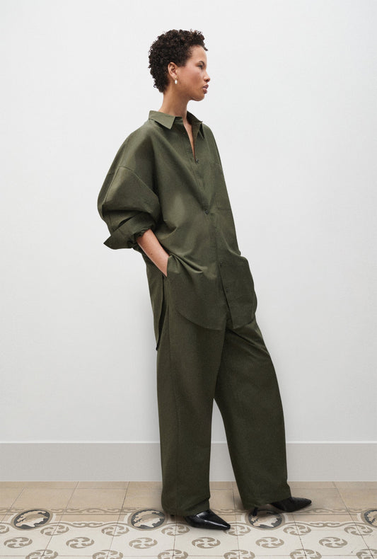 Image of Shirts. Product name - Cotton Silk Round Shirt Pine in Pine colour by brand - Silk Laundry