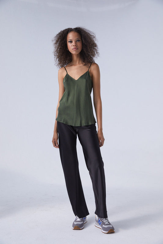 Image of a model wearing Tops. Productname: Bias Cut Cami Cedar in Cedar colour by brand - Silk Laundry
