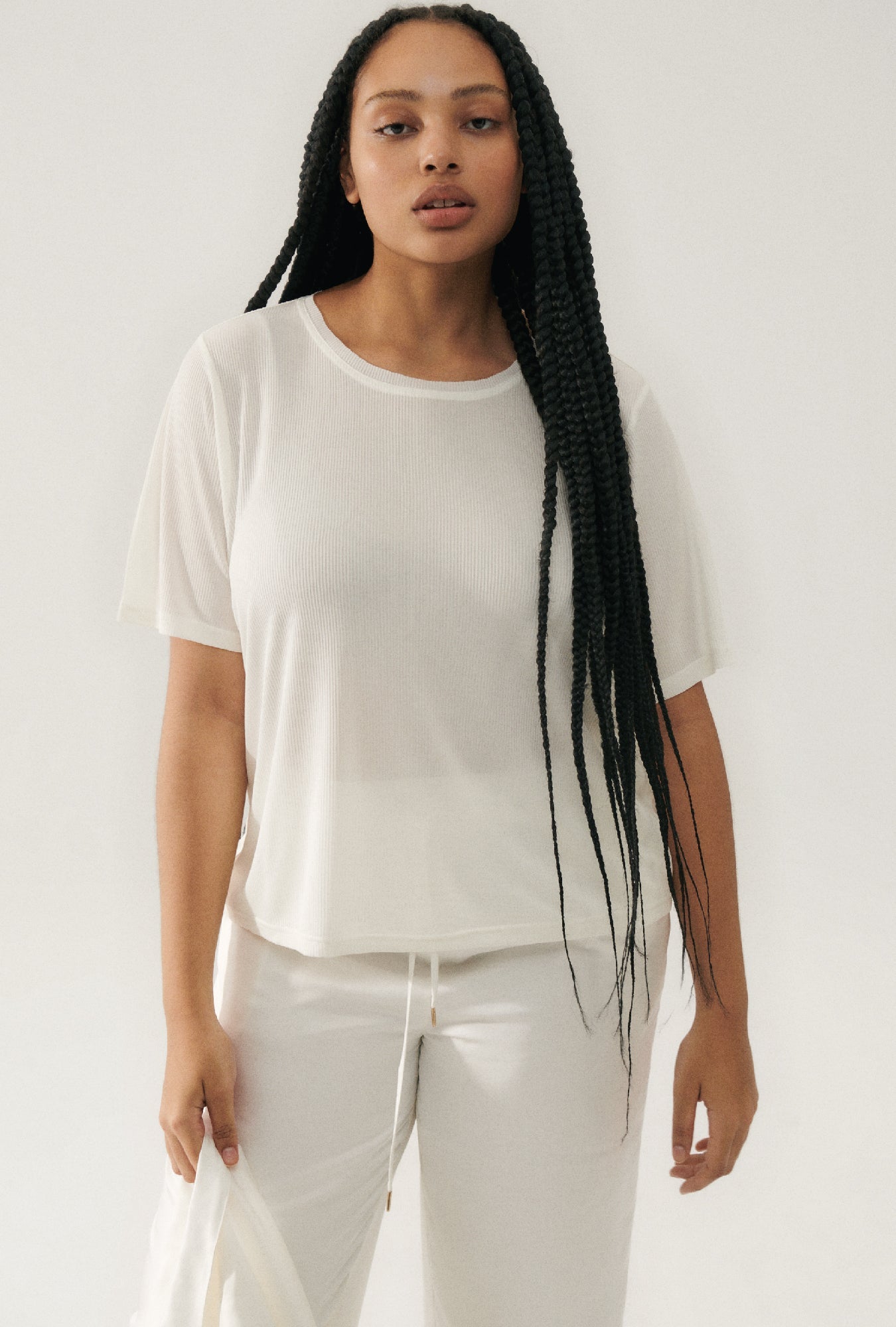 Image of T-Shirts. Product name - Ribbed T-Shirt White in White colour by brand - Silk Laundry