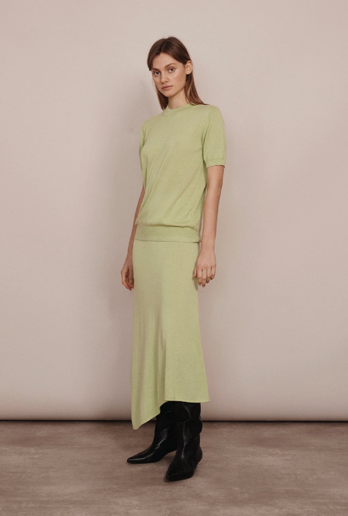 Image of a model wearing Pants. Product name - Drawstring Skirt Luminary in Luminary colour by brand - Silk Laundry