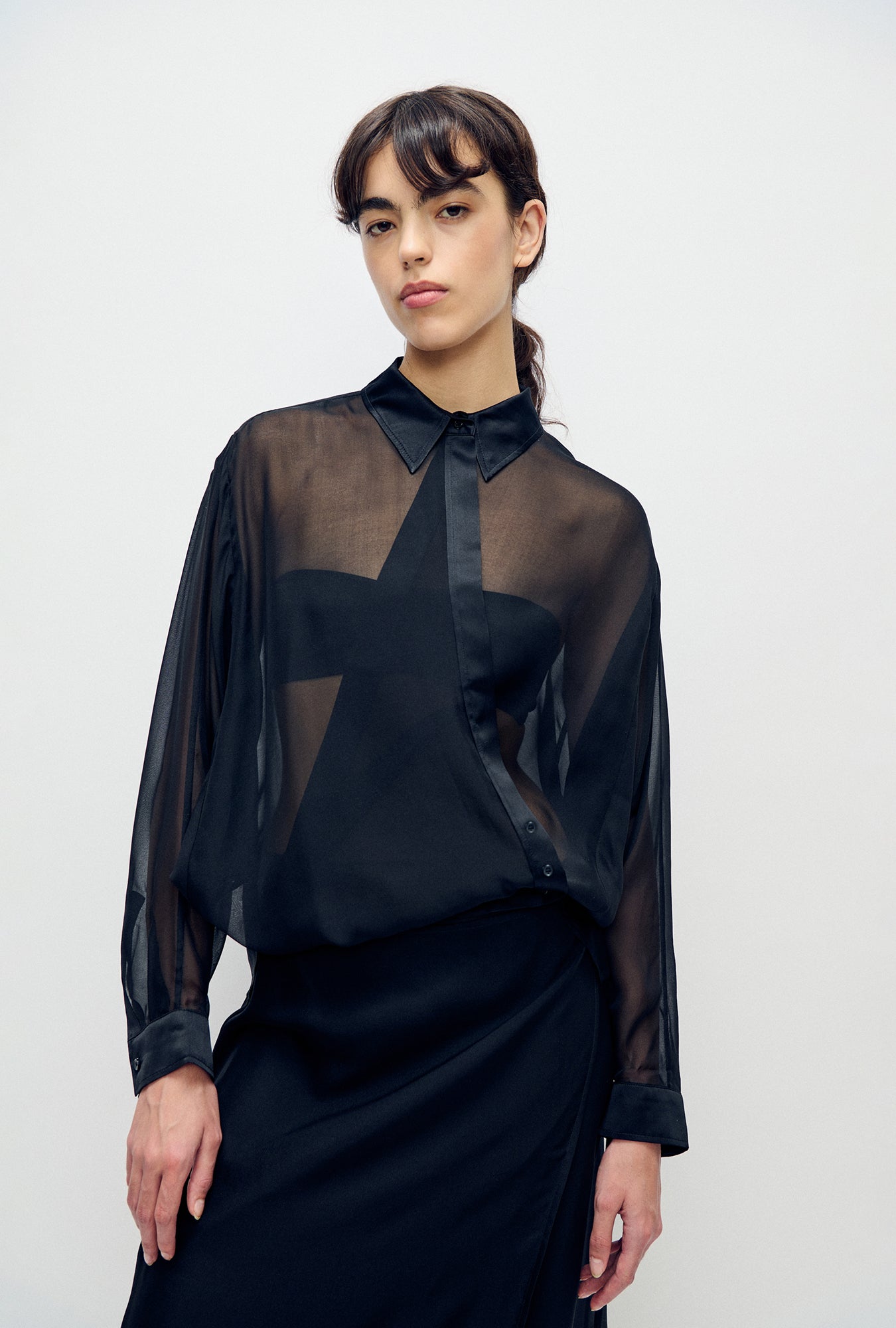 Image of Shirts. Product name - Chiffon Crossover Shirt Black in Black colour by brand - Silk Laundry
