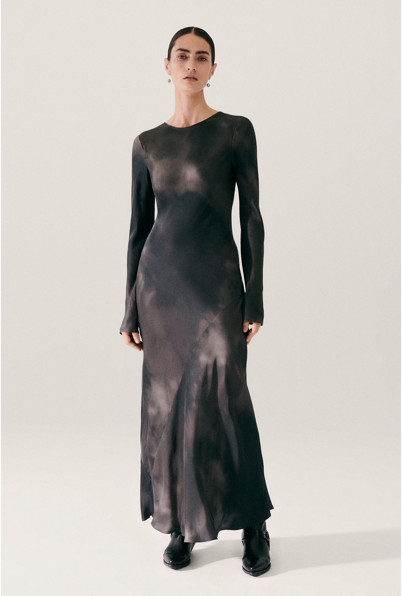 Silk Laundry Full Sleeve Bias Dress (Smoke)