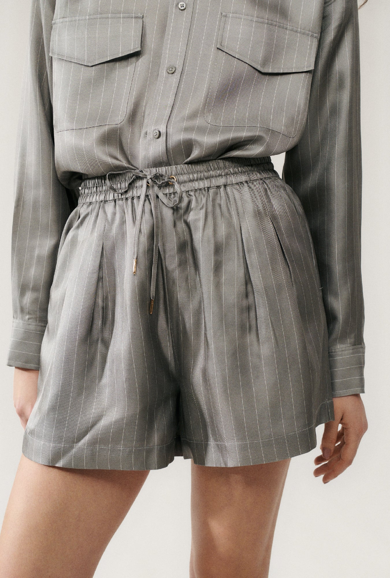 Silk Laundry Twill Slouch Shorts (Moon Pinstripe)
