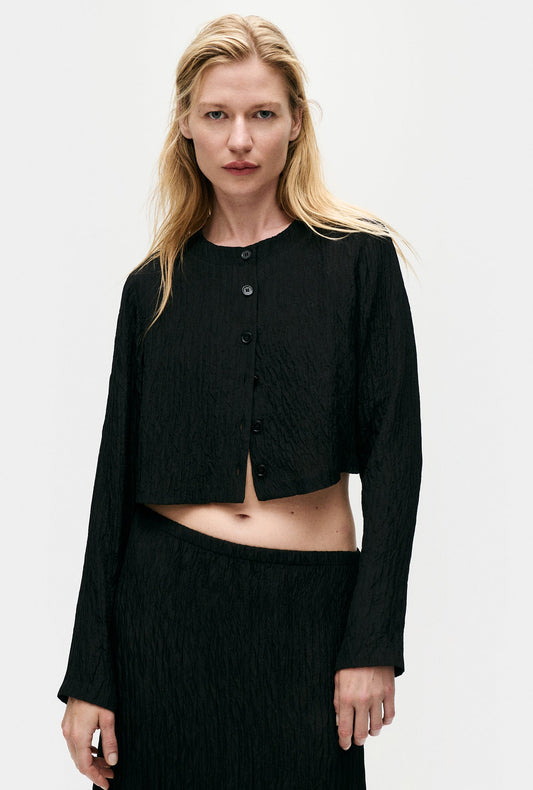Image of Shirts. Product name - Crinkle Collarless Crop Shirt Black in Black colour by brand - Silk Laundry