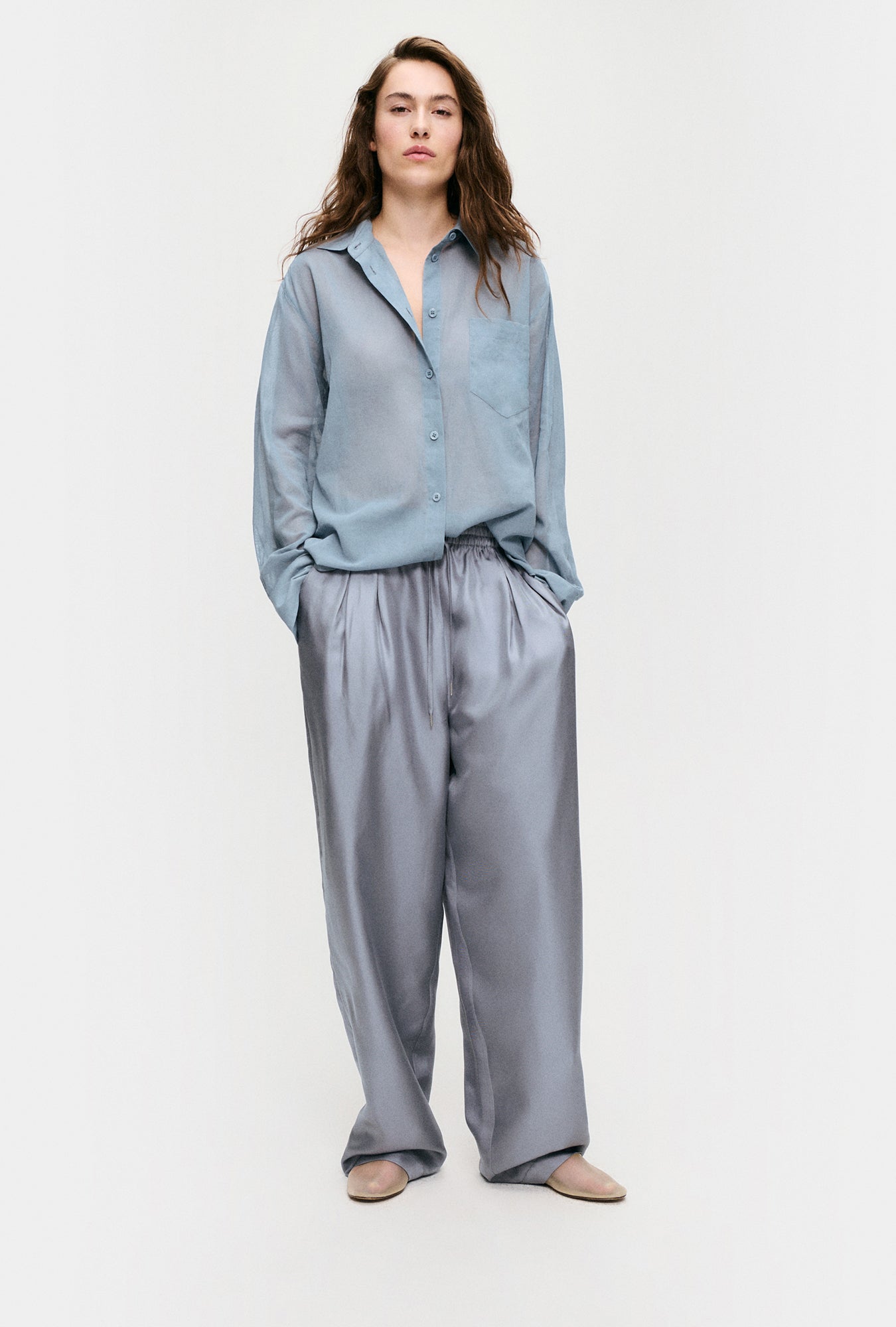 Image of Shirts. Product name - Sheer Cotton Pleated Yoke Shirt Storm in Storm colour by brand - Silk Laundry