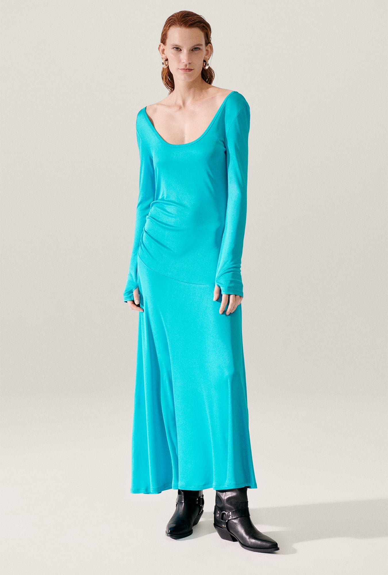 Image of a model wearing Tops. Product name - Jersey Long Sleeve Dress Oxygen in Oxygen colour by brand - Silk Laundry