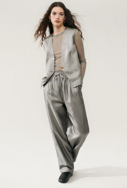 Image of Coats & Jackets. Product name - Twill Slouch Vest Moon Pinstripe in Moon Pinstripe colour by brand - Silk Laundry