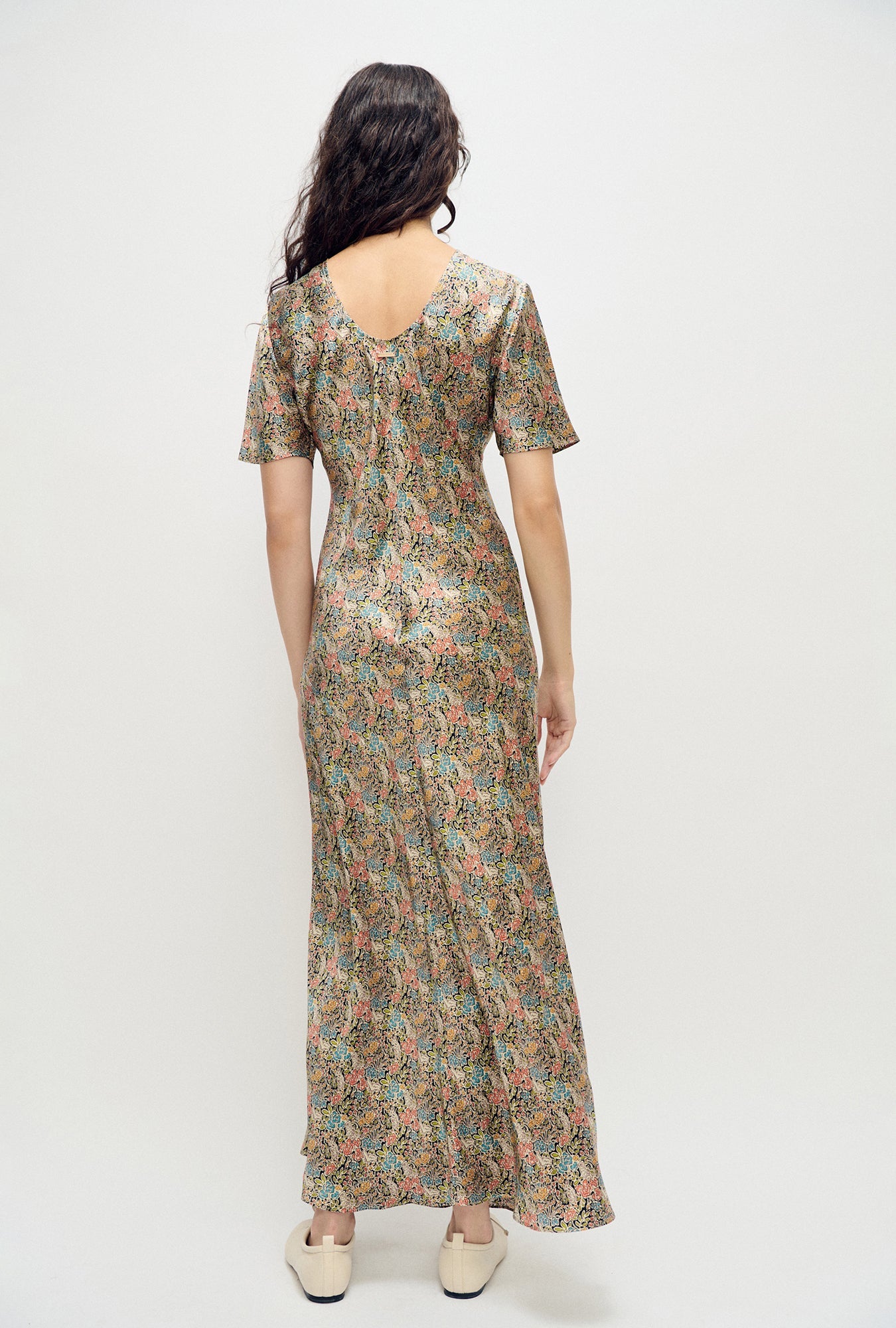 Silk Laundry Short Sleeve Bias Cut Dress (Sugar Floral)