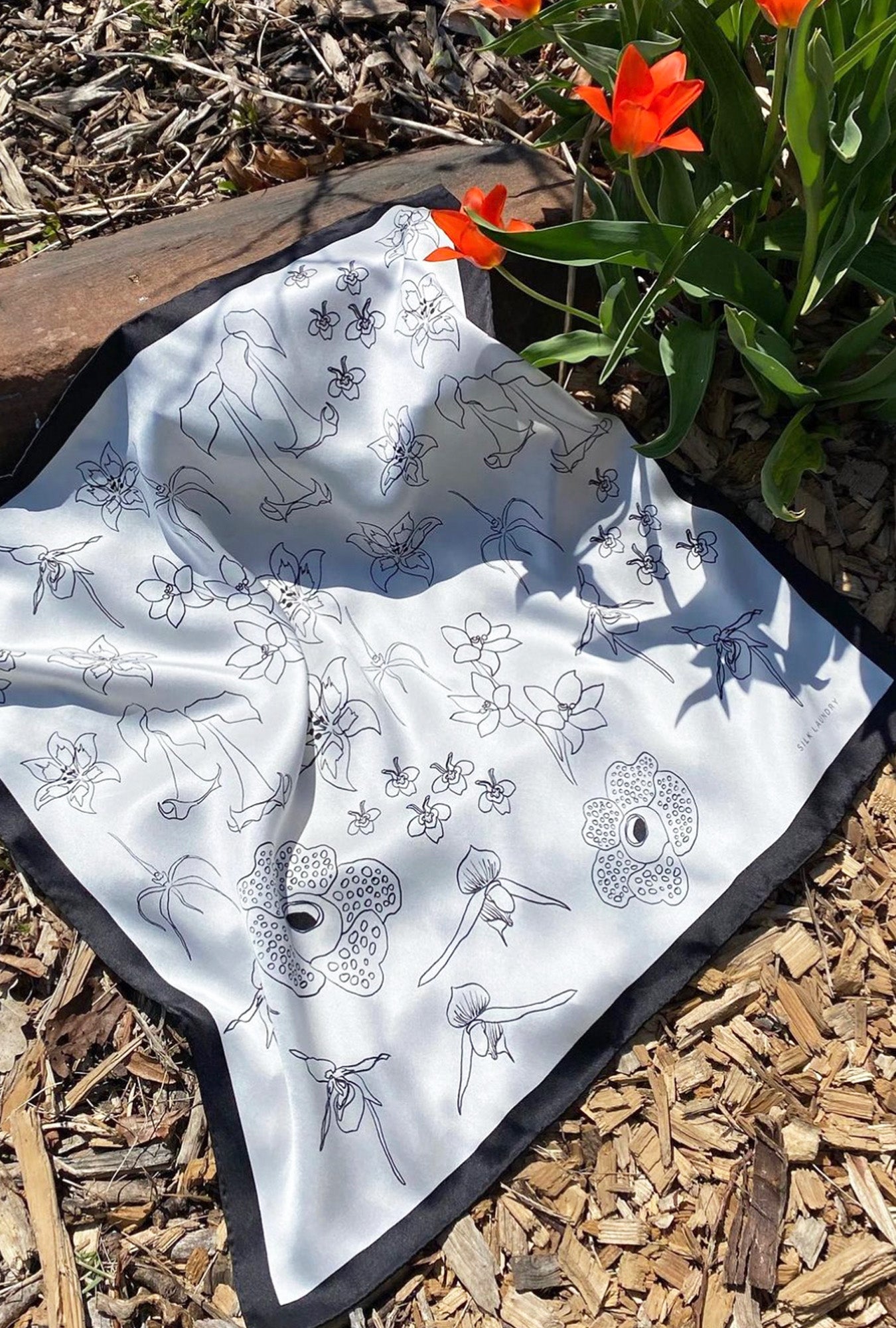 Silk Laundry Scarf Black & White (Lost Flowers)