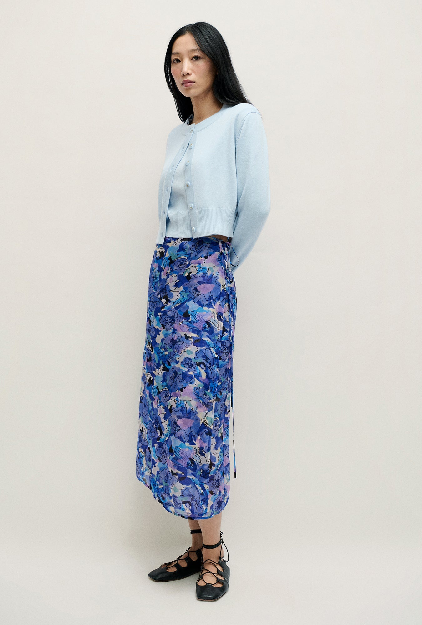 Image of Cardigans. Product name - Wool Cropped Cardigan Cornflower in Cornflower colour by brand - Silk Laundry