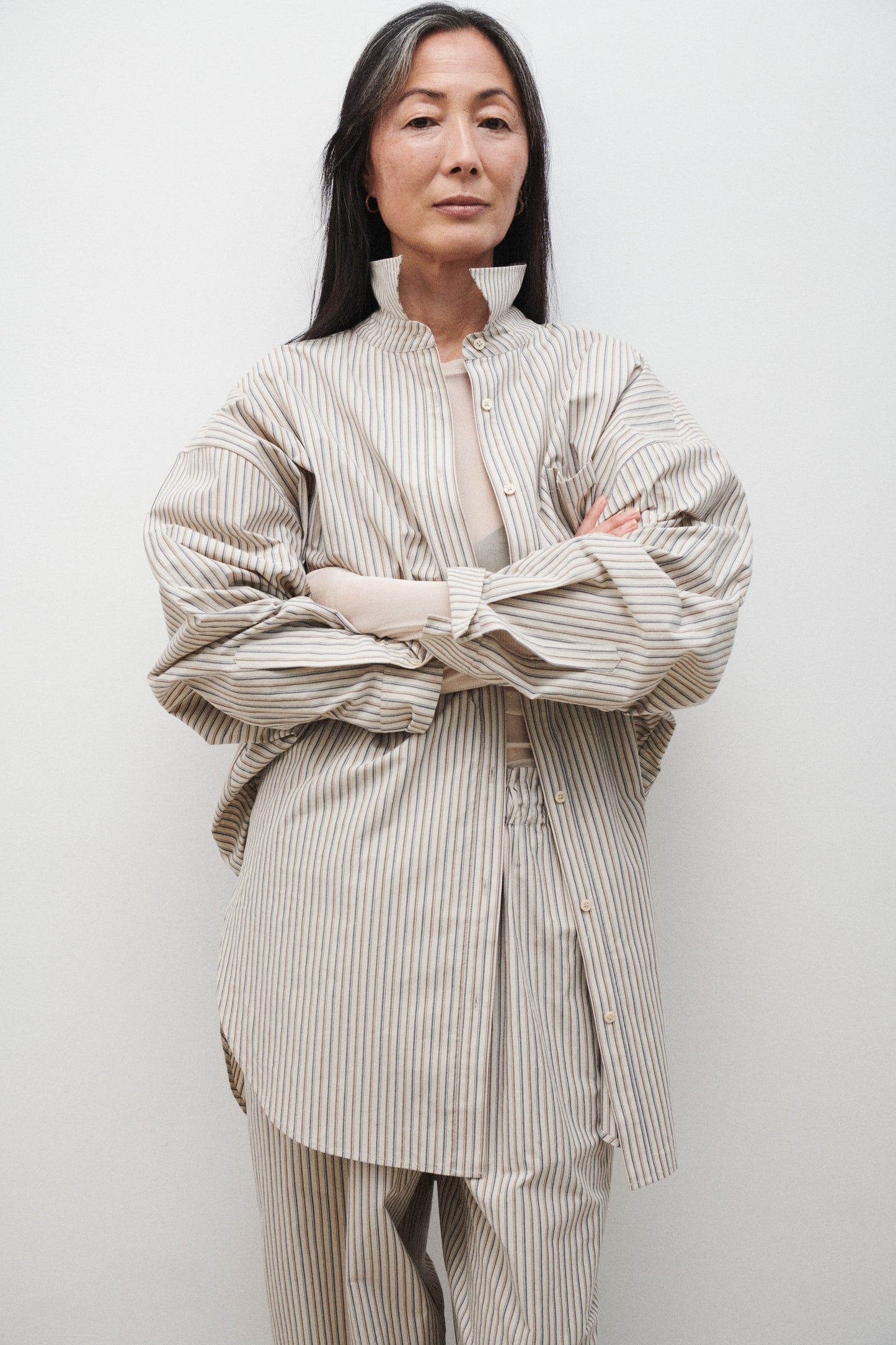 Silk Laundry Cotton Round Shirt (Slate Stripe)