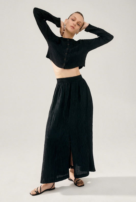Silk Laundry Crinkle Skirt (Black)