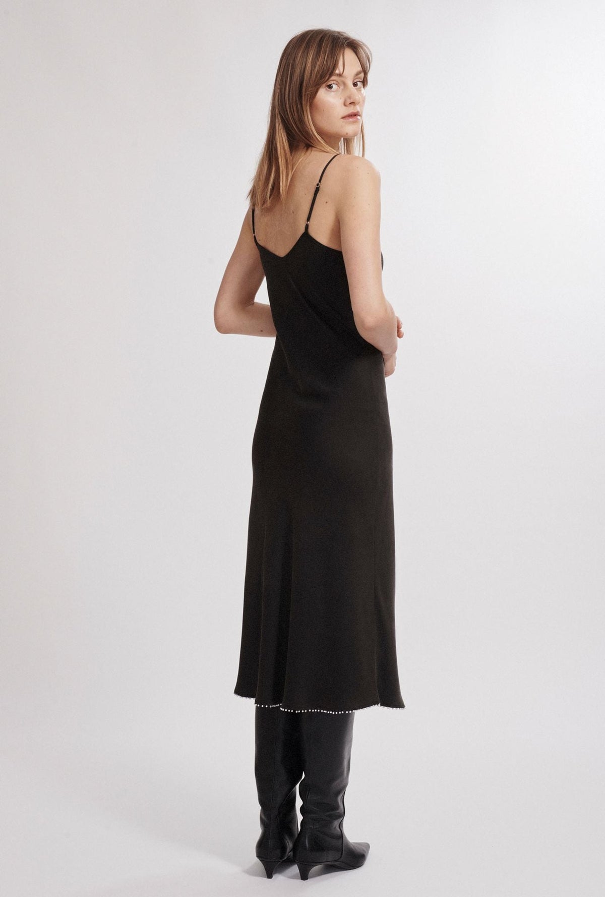 Image of Dresses. Product name - 90S Pearl Slip Dress Black in Black colour by brand - Silk Laundry