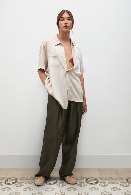 Image of a model wearing Tops. Productname: Silk Laundry SHORT SLEEVE BOYFRIEND SHIRT in Hazelnut colour by brand - Silk Laundry