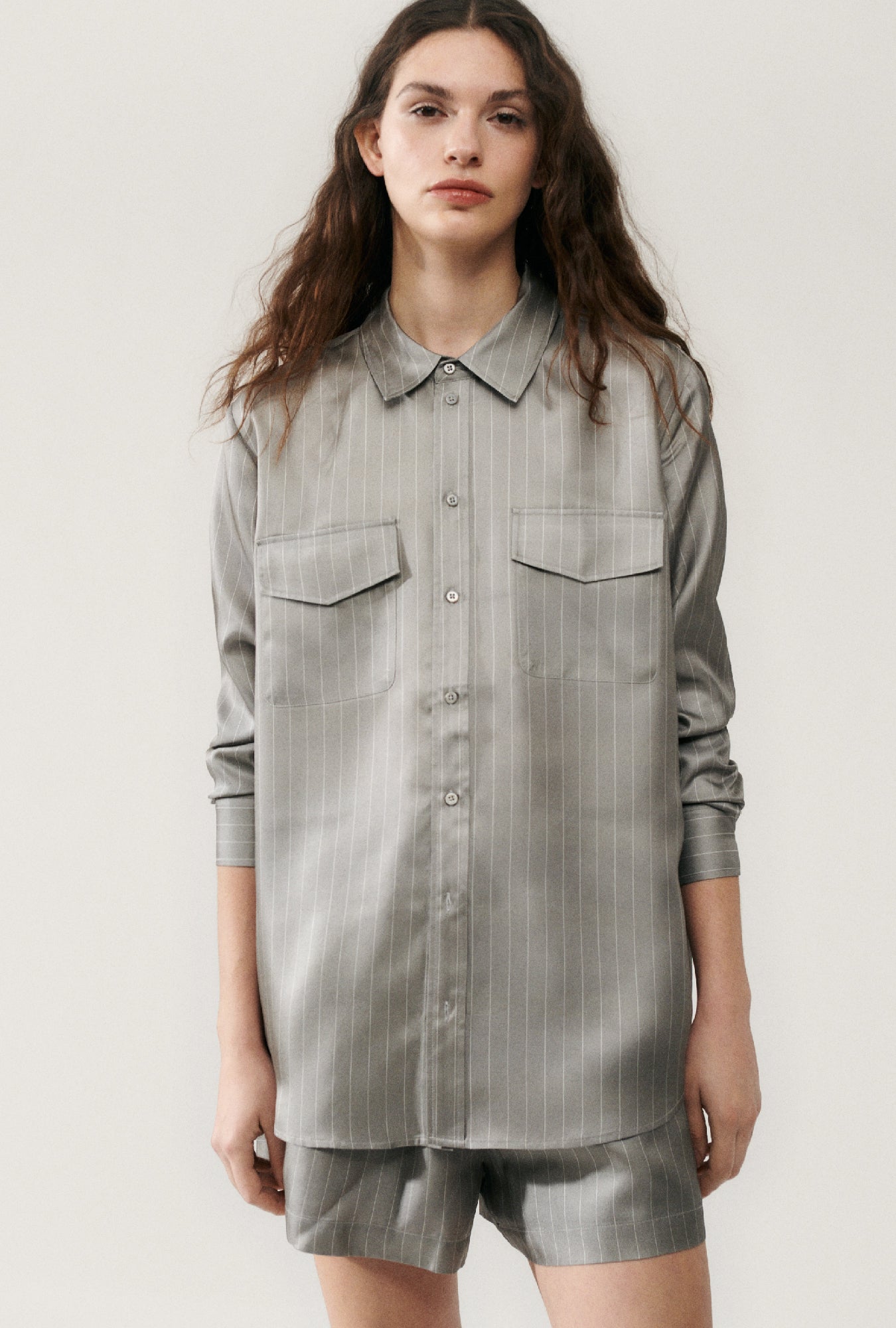Image of Shirts. Product name - Twill Boyfriend Shirt Moon Pinstripe in Moon Pinstripe colour by brand - Silk Laundry