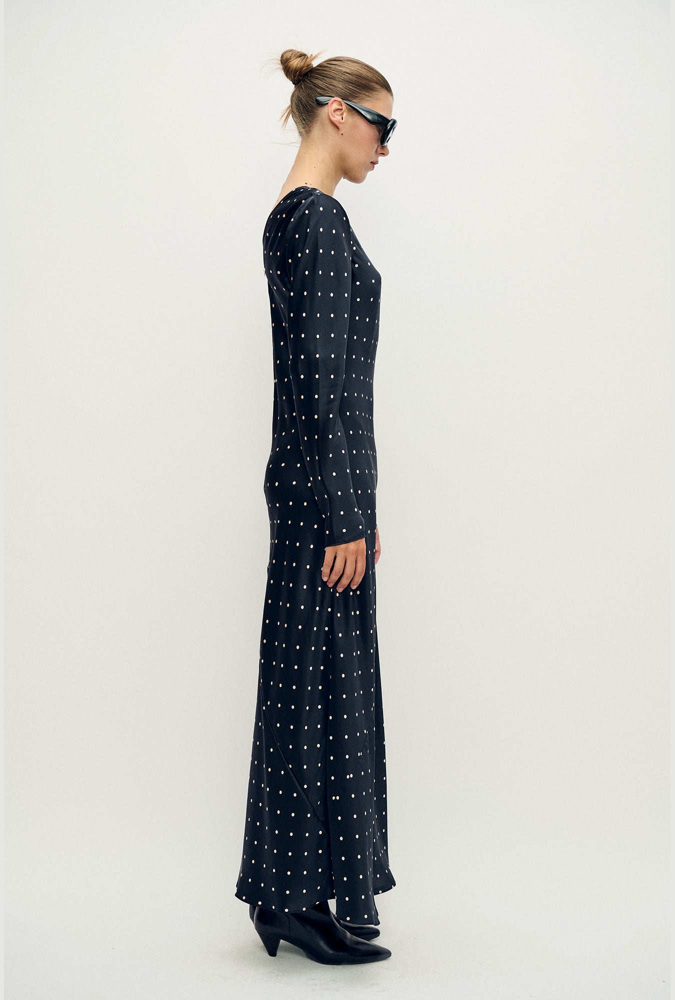 Silk Laundry Full Sleeve Bias Dress (Small Polka Dot)