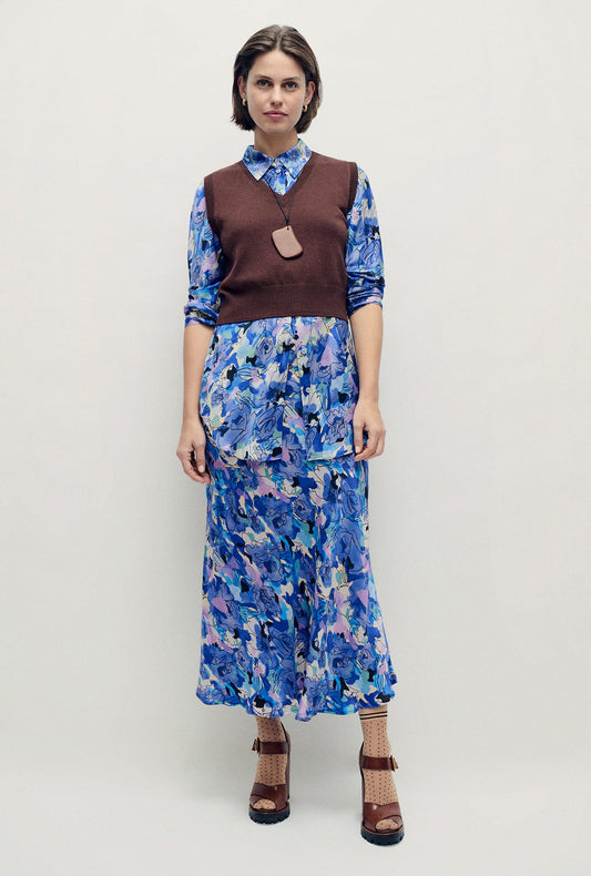Image of a model wearing Skirts. Productname: Long Bias Cut Skirt Cornflower Floral in Cornflower Floral colour by brand - Silk Laundry