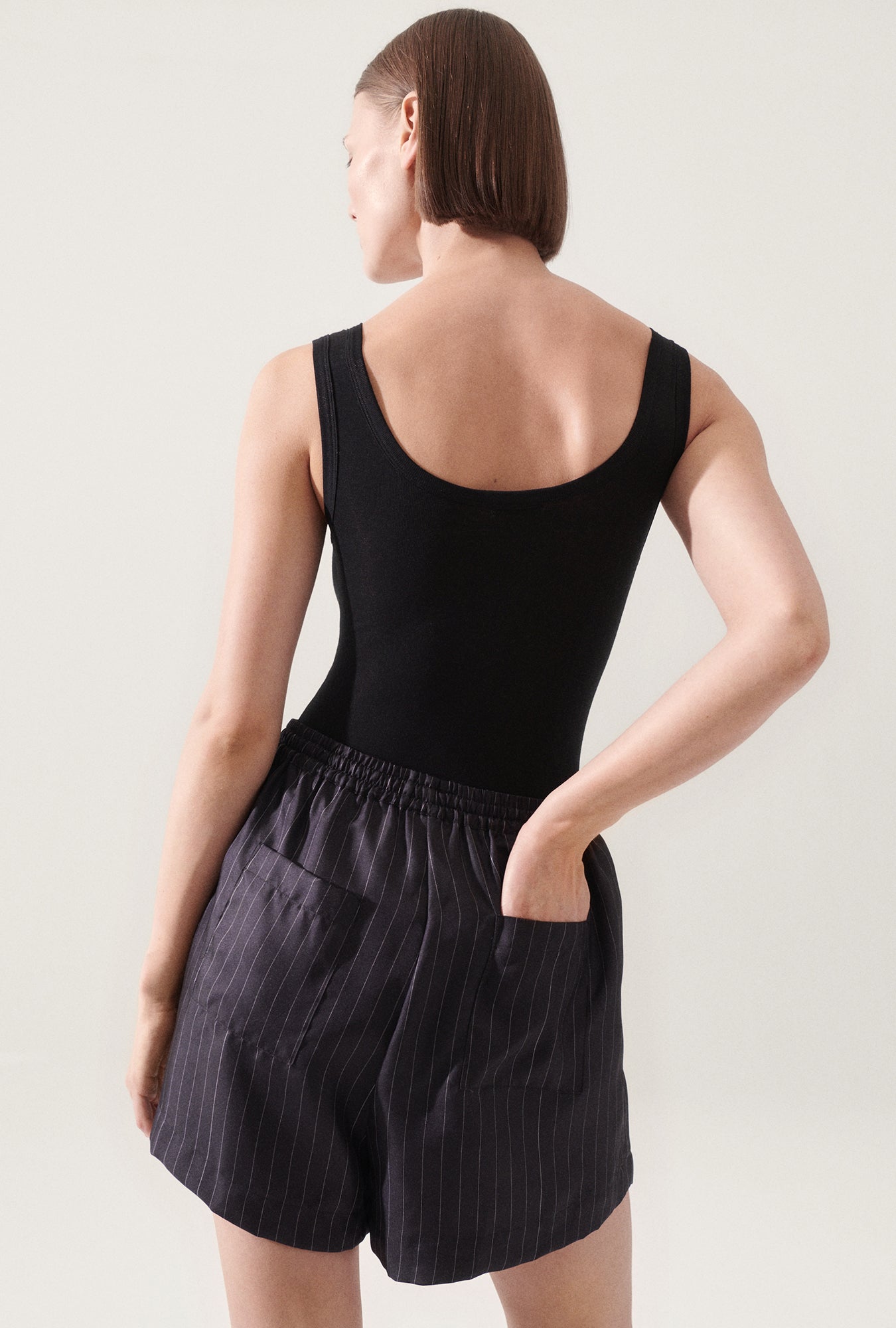 Silk Laundry Twill Slouch Shorts (Pinstripe Black/White)