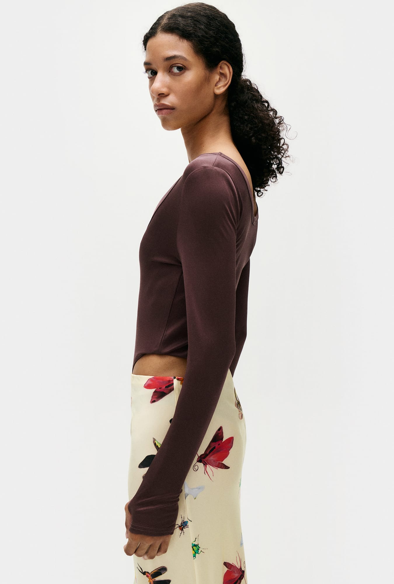 Silk Laundry Jersey Modal Long Sleeve Cutaway Bodysuit (Cacao)
