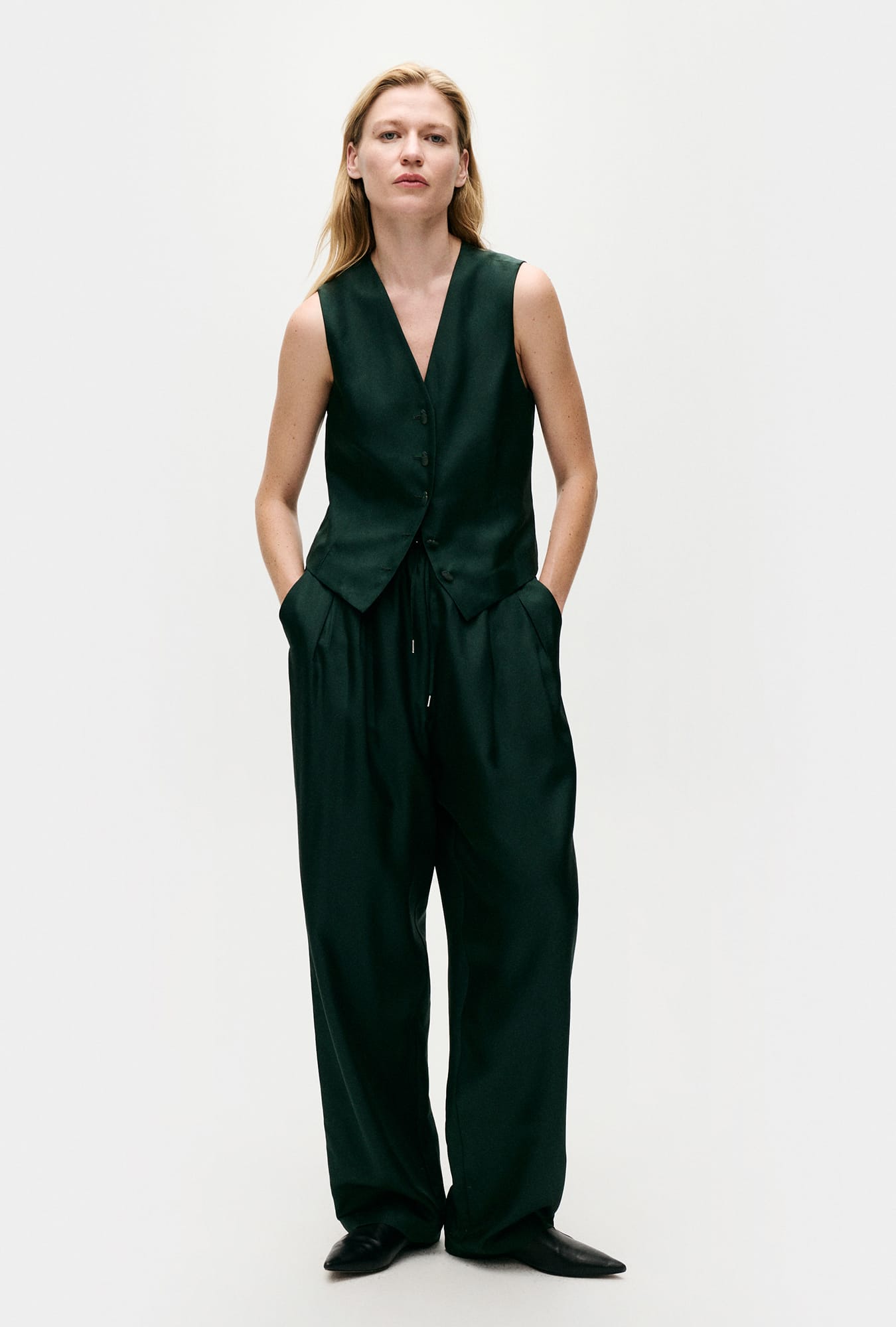 Image of Coats & Jackets. Product name - Twill Vest Scarab in Scarab colour by brand - Silk Laundry