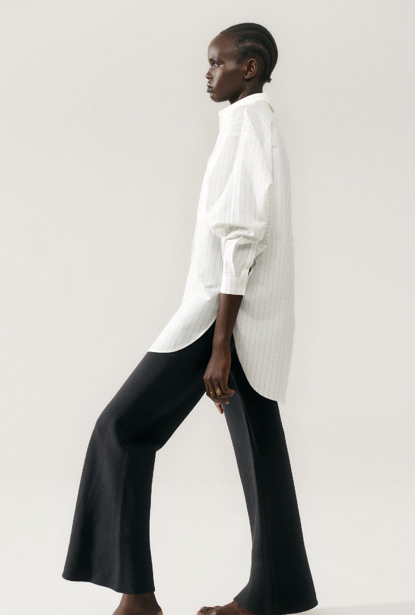 Cotton Silk Round Shirt (White Pinstripe)