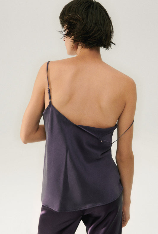 Image of a model wearing Tops. Productname: Bias Cut Cami Blackberry in Blackberry colour by brand - Silk Laundry