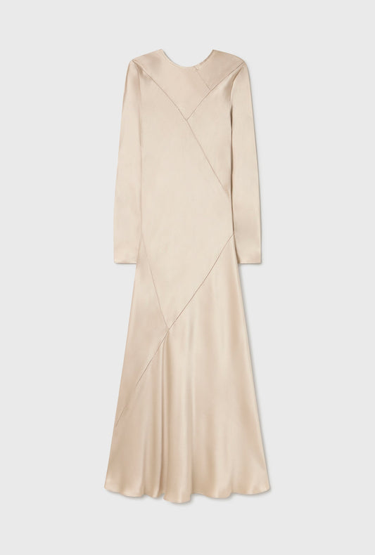 Silk Laundry Splice Full Sleeve Bias Dress (Hazelnut)