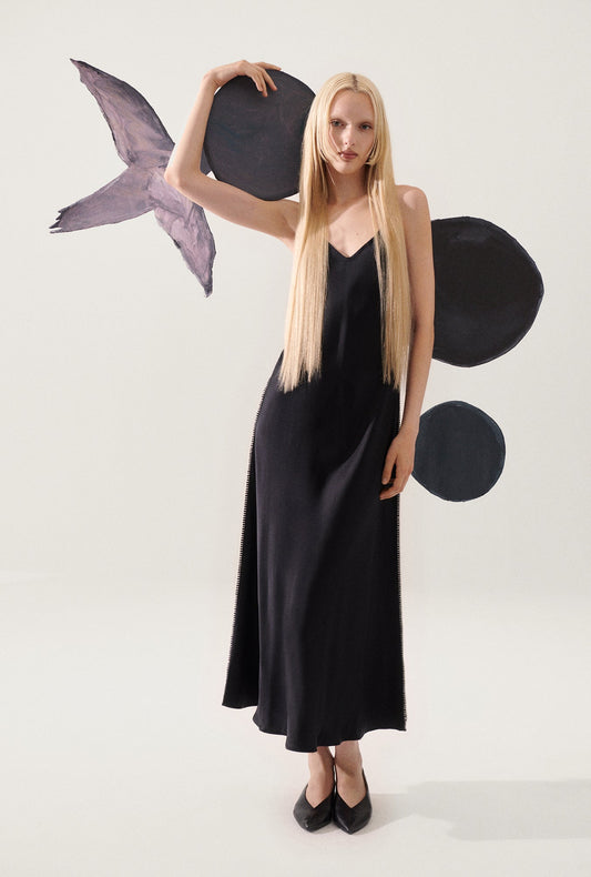 Image of Blankets. Product name - 90s Slip Dress Blanket Stitch Black in Black colour by brand - Silk Laundry