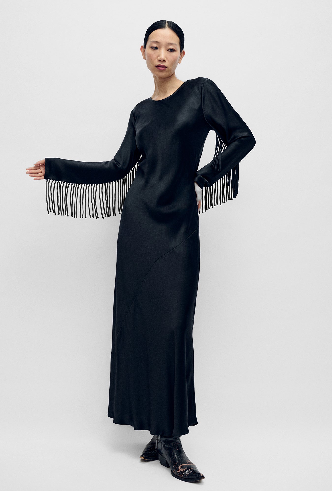 Image of Dresses. Productname: Silk Laundry FRINGE FULL SLEEVE BIAS DRESS in Black colour by brand - Silk Laundry