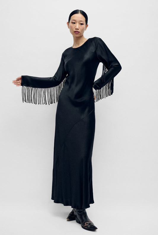 Image of Dresses. Productname: Silk Laundry FRINGE FULL SLEEVE BIAS DRESS in Black colour by brand - Silk Laundry