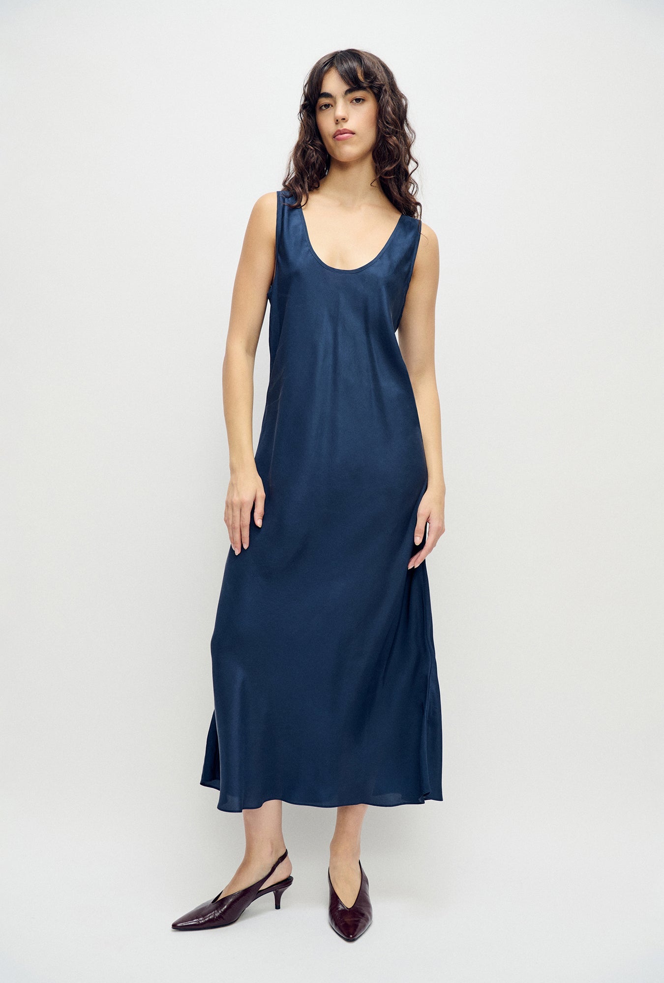 Image of Dresses. Product name - Habotai Scoop Neck Dress Midnight in Midnight colour by brand - Silk Laundry