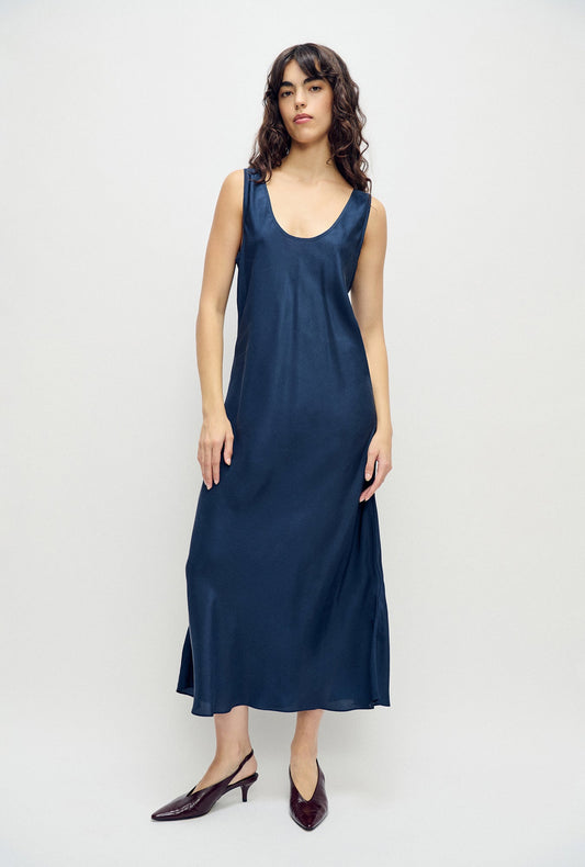Image of Dresses. Product name - Habotai Scoop Neck Dress Midnight in Midnight colour by brand - Silk Laundry