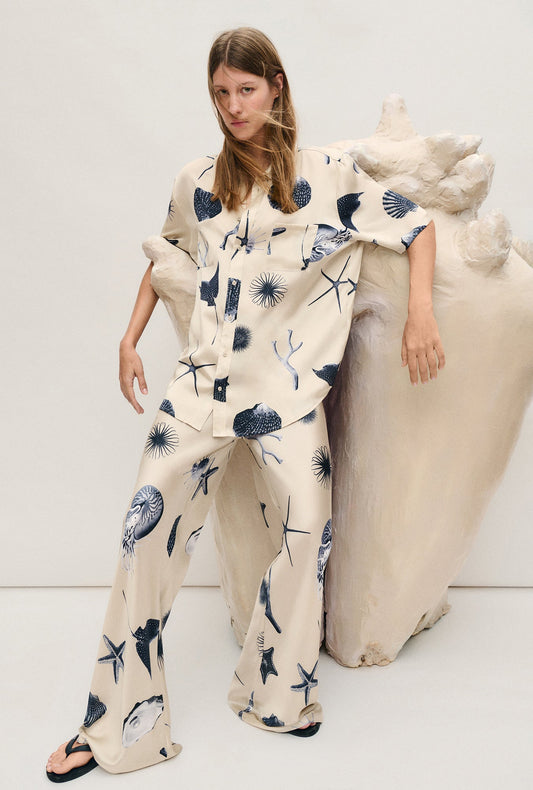 Image of a model wearing Pants. Productname: Silk Laundry BIAS CUT PANTS in Seashells colour by brand - Silk Laundry