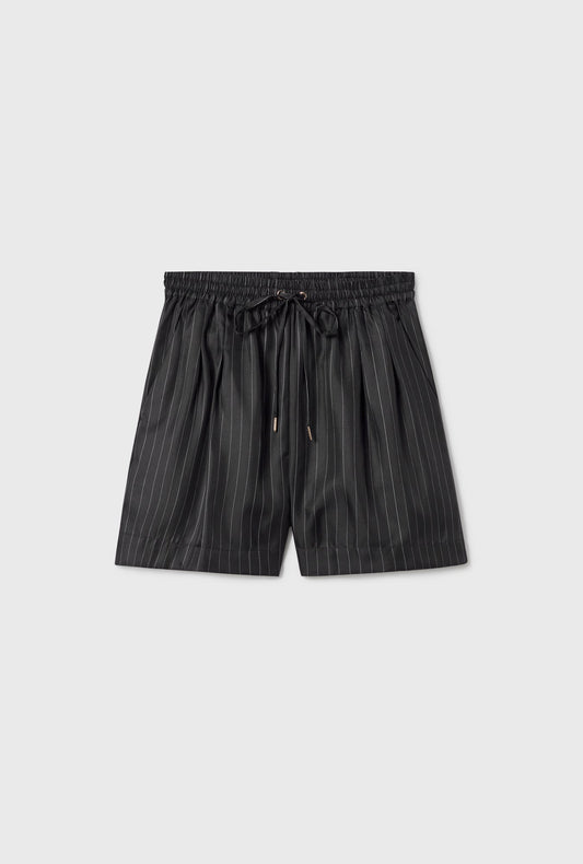 Silk Laundry Twill Slouch Shorts (Pinstripe Black/White)