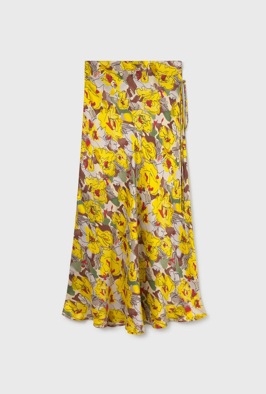 Image of a model wearing Skirts. Productname: Long Bias Cut Skirt Sunflower Floral in Sunflower Floral colour by brand - Silk Laundry