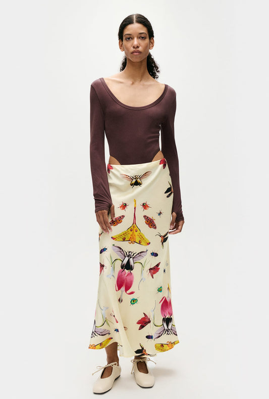 Image of a model wearing Skirts. Productname: Silk Laundry Long Bias Cut Skirt Insects in Insects colour by brand - Silk Laundry