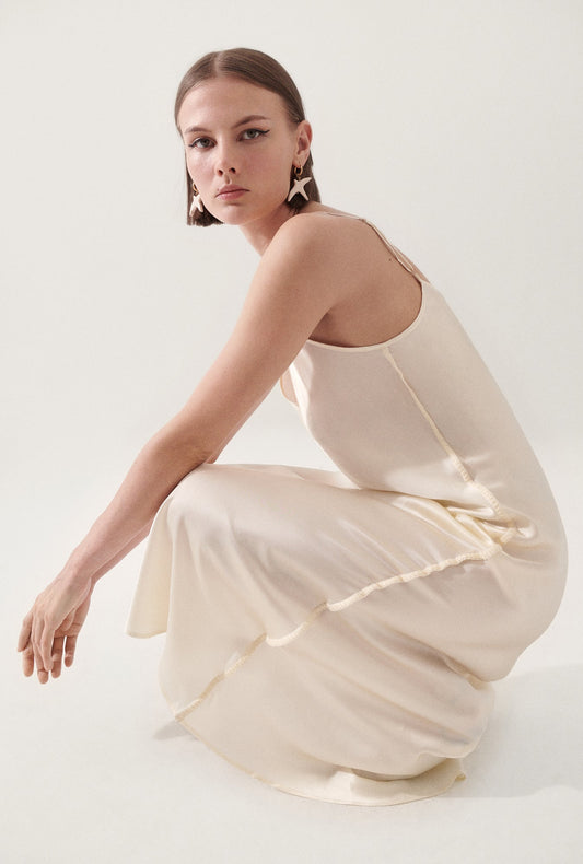 Image of Dresses. Product name - 90s Slip Dress Blanket Stitch Off-White in Off-White colour by brand - Silk Laundry