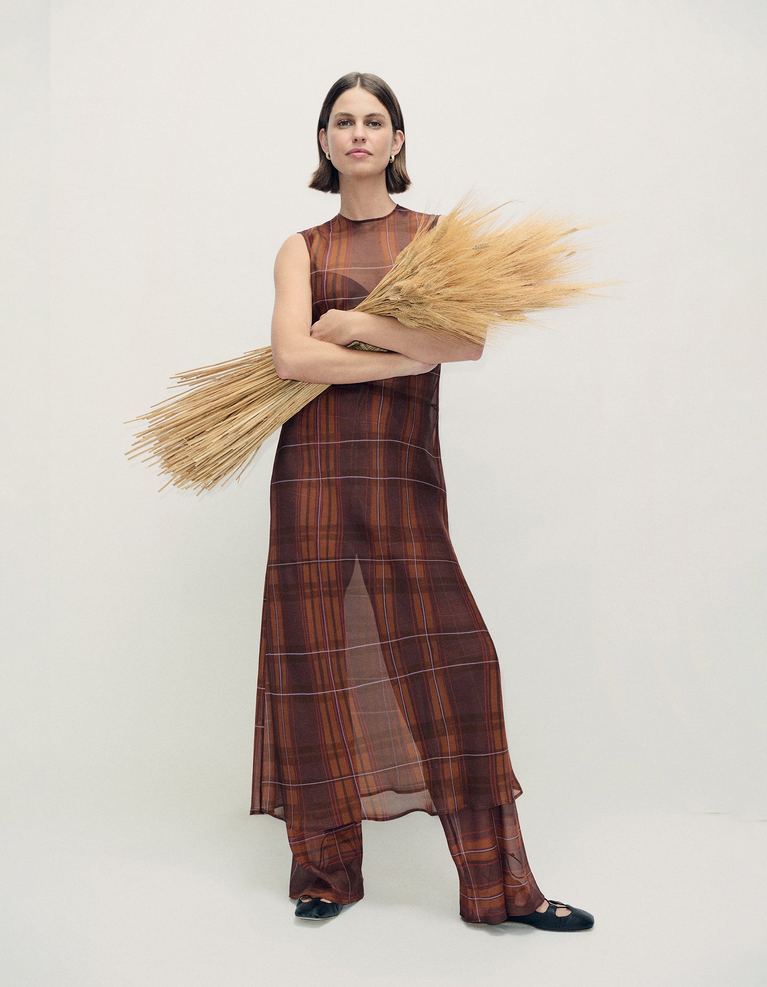 Image of Dresses. Product name - Chiffon Rasa Dress Root Plaid in Root Plaid colour by brand - Silk Laundry