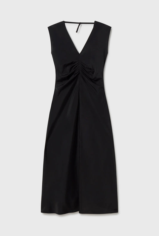 Silk Laundry Habotai Pleated Dress (Black)