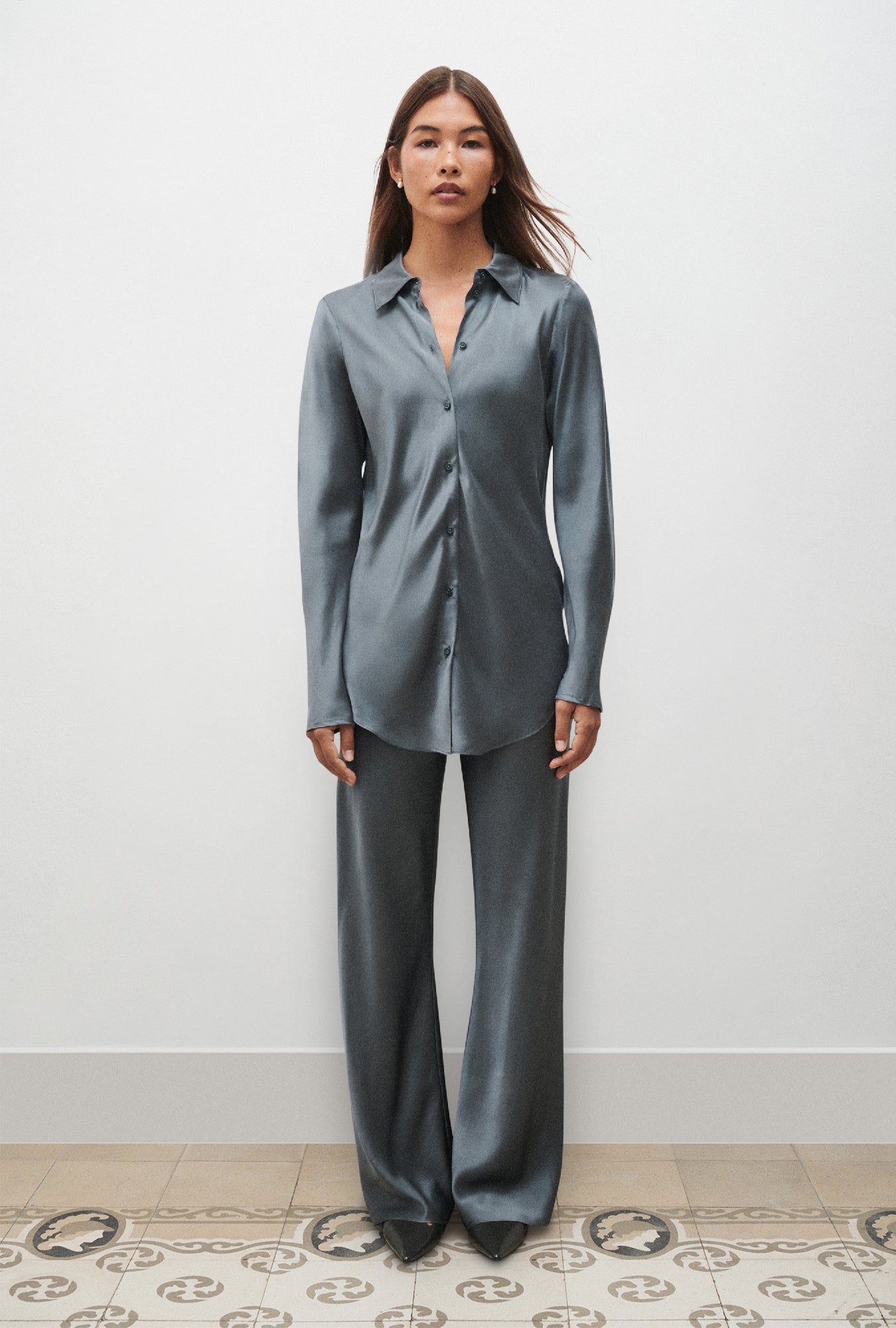Image of Shirts. Product name - Bias Cut Shirt Slate in Slate colour by brand - Silk Laundry