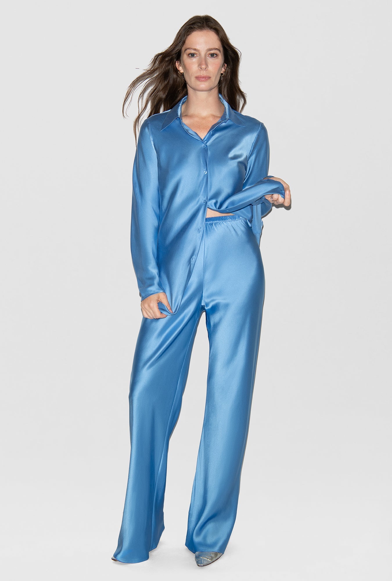 Image of a model wearing Pants. Productname: Silk Laundry BIAS CUT PANTS in Mirage colour by brand - Silk Laundry