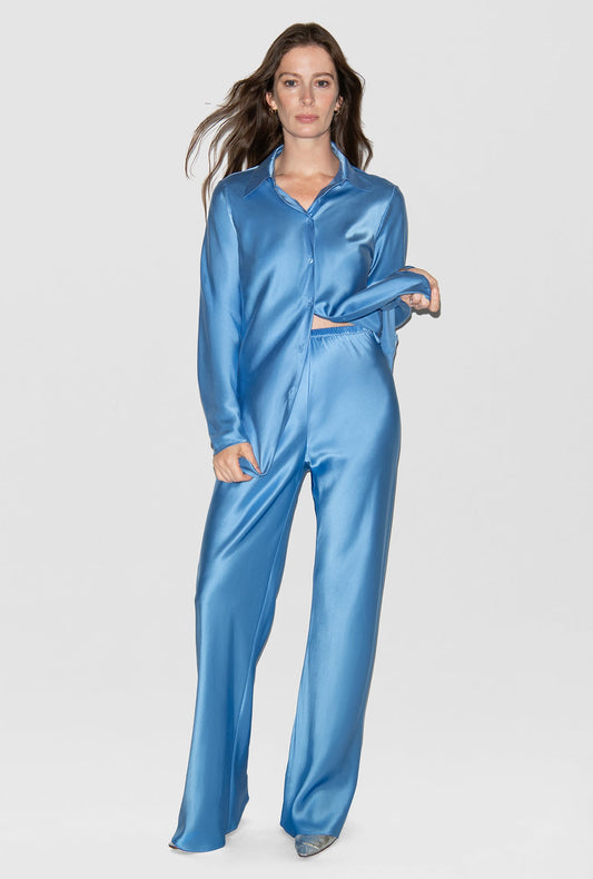 Image of a model wearing Pants. Productname: Silk Laundry BIAS CUT PANTS in Mirage colour by brand - Silk Laundry