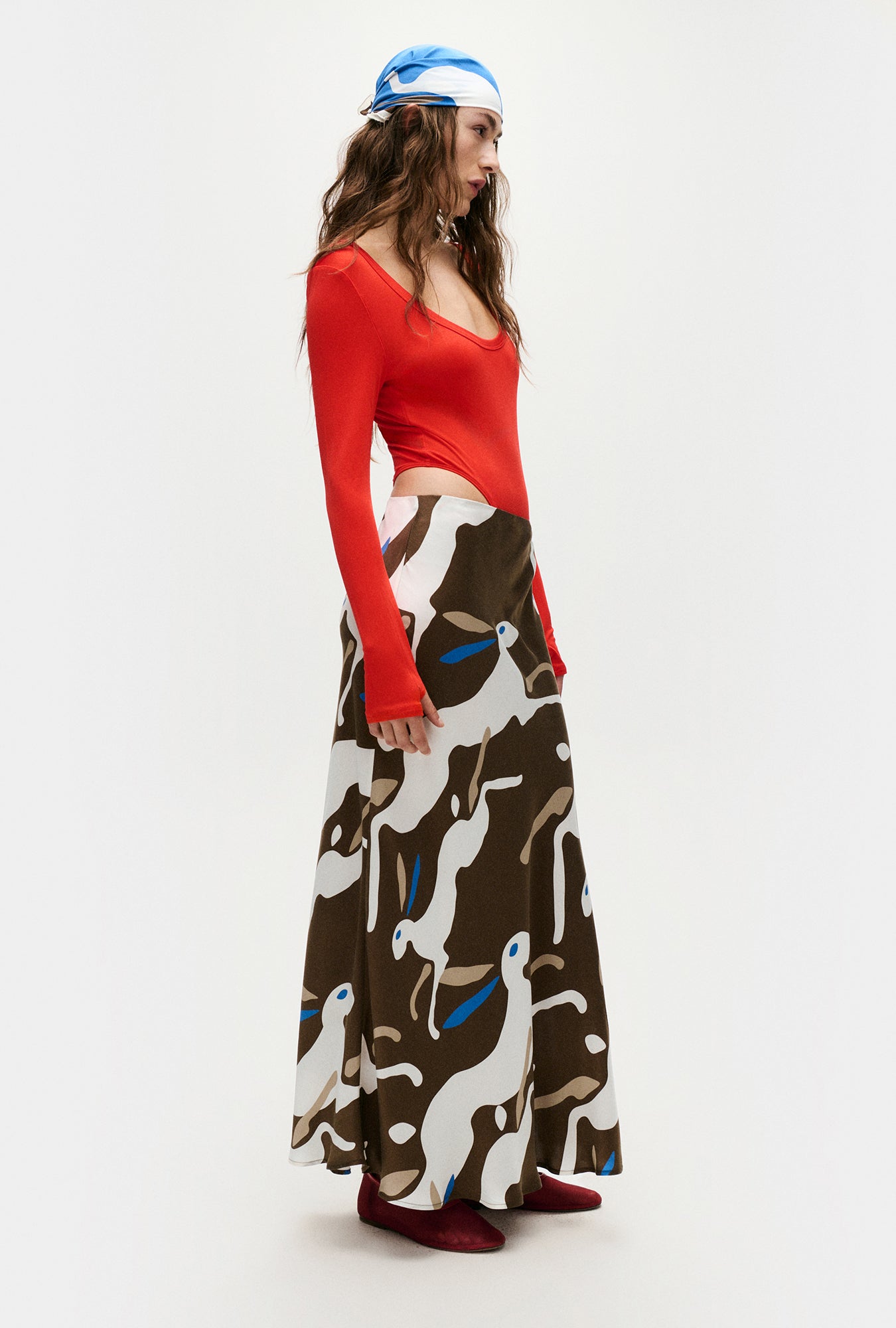 Silk Laundry Long Bias Cut Skirt (Rabbit Dark Earth)