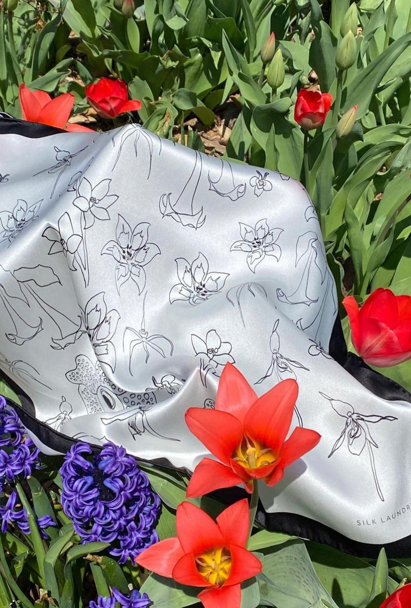 Image of Accessories. Productname: Silk Laundry Scarf Black & White in Lost Flowers colour by brand - Silk Laundry