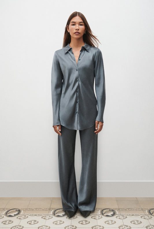 Image of a model wearing Tops. Productname: Silk Laundry BIAS CUT SHIRT in Slate colour by brand - Silk Laundry